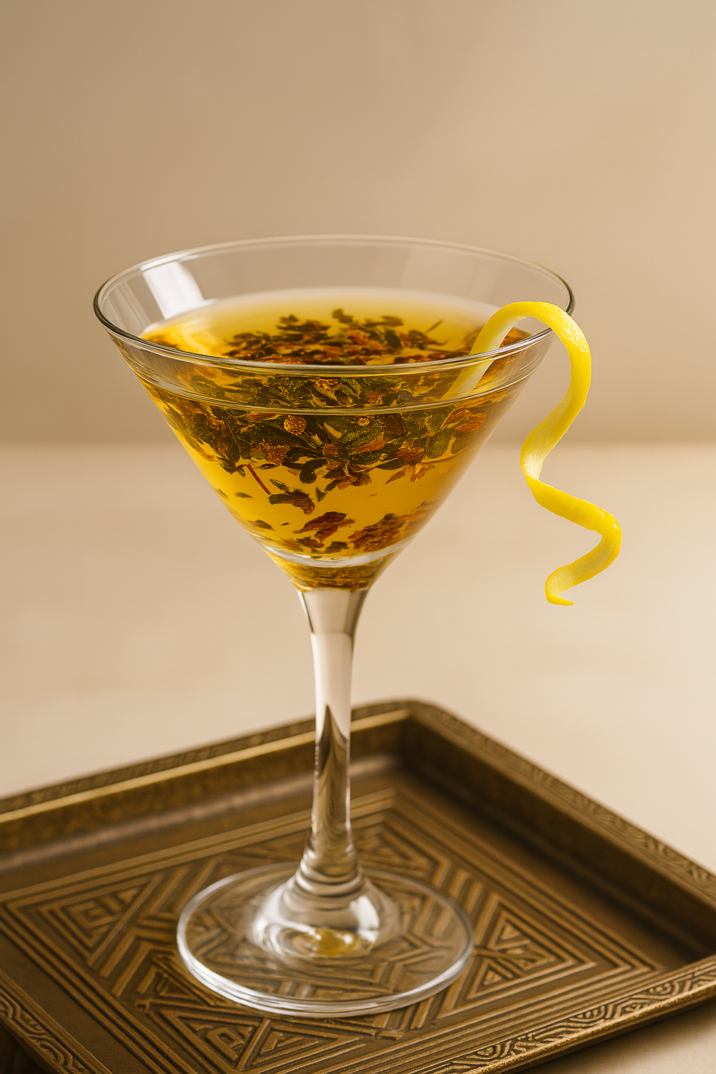 Herbal Gut Martini tea for digestion and bloating support, steeping in a martini glass with lemon peel on a vintage Art Deco tray.