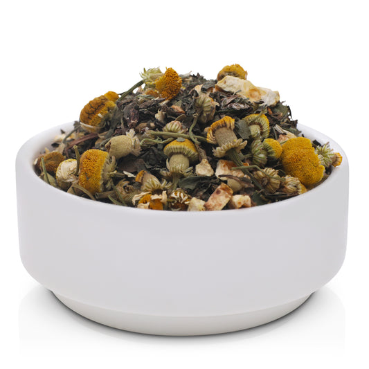 The Gut Martini gut health tea blend for digestion and bloating support, featuring herbal botanicals in luxury A clean white bowl.