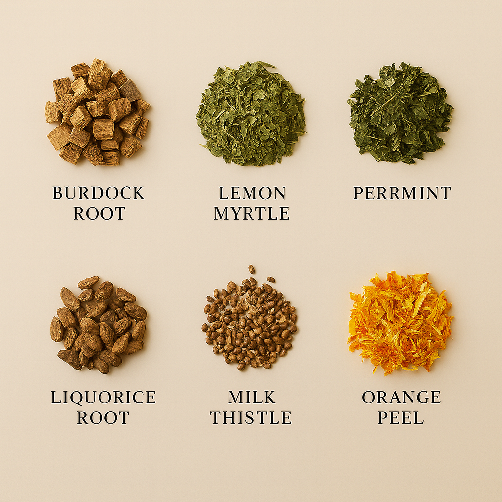 Flat lay of Glow & Tell detox and skin radiance tea with loose herbal blend and Art Deco packaging on a clean background.