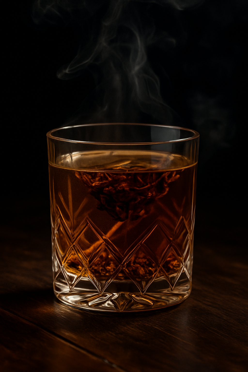 Dark, atmospheric image of Gentleman’s Hour herbal tea steeping in a scotch glass, representing energy, stamina, and circulation support.