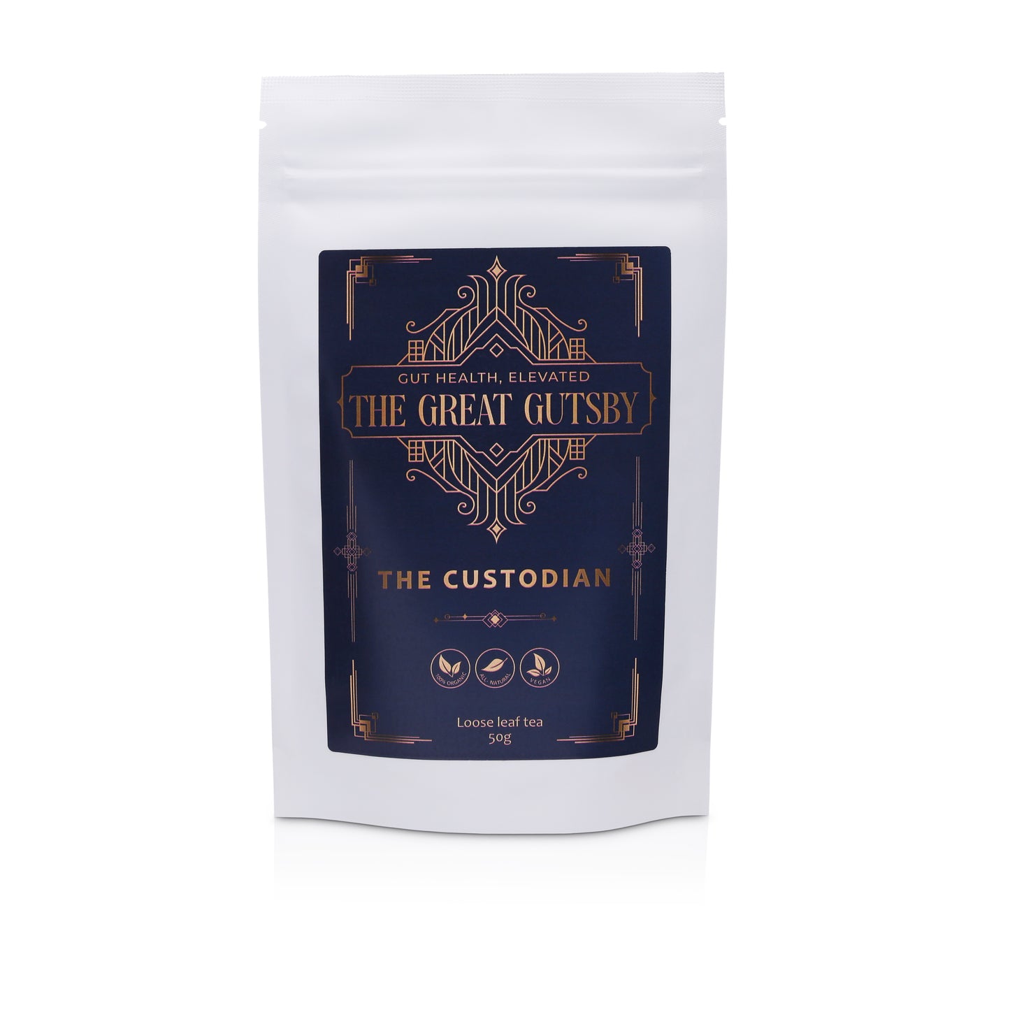 The Custodian calming sencha green tea blend for digestion and inflammation support, with soothing herbal notes of mint and citrus in Art Deco packaging.