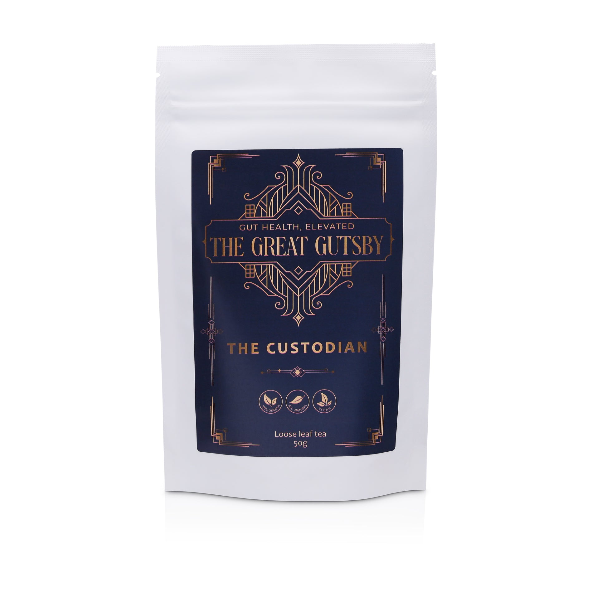 The Custodian calming sencha green tea blend for digestion and inflammation support, with soothing herbal notes of mint and citrus in Art Deco packaging.