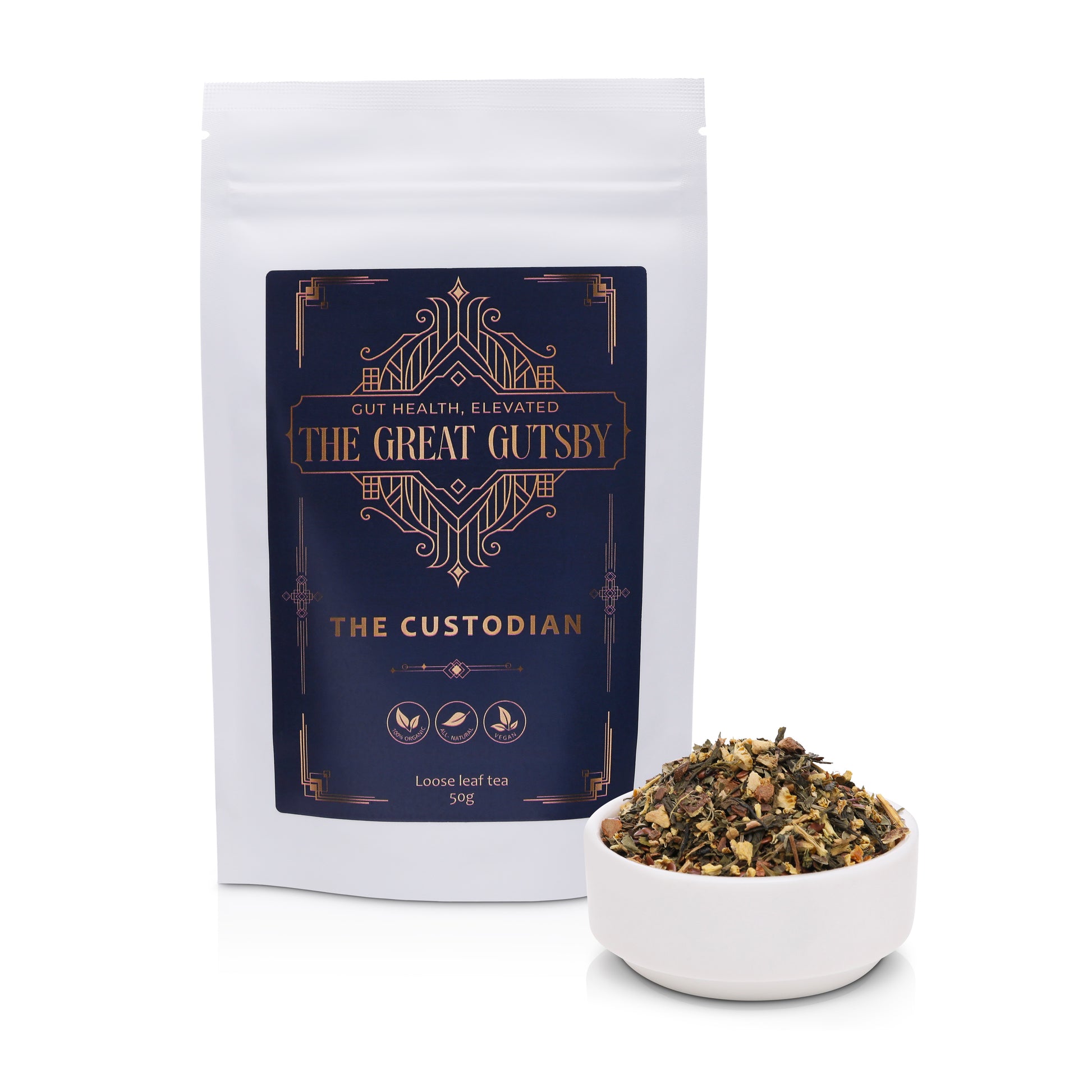 The Custodian calming sencha green tea blend for digestion and inflammation support, with soothing herbal notes of mint and citrus in Art Deco packaging.