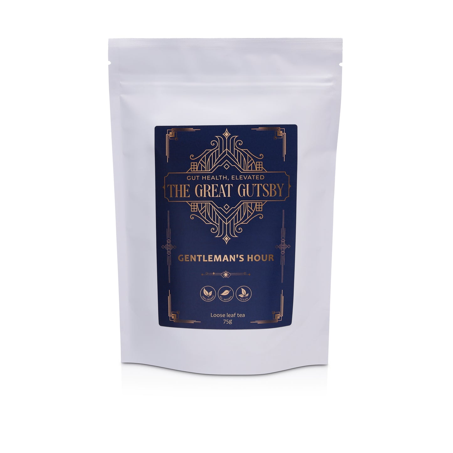 Gentleman’s Hour vitality and circulation support tea blend with energising botanicals, packaged in refined Art Deco navy and gold design.