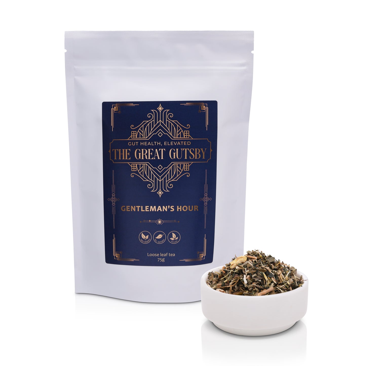 Gentleman’s Hour vitality and circulation support tea blend with energising botanicals, packaged in refined Art Deco navy and gold design.