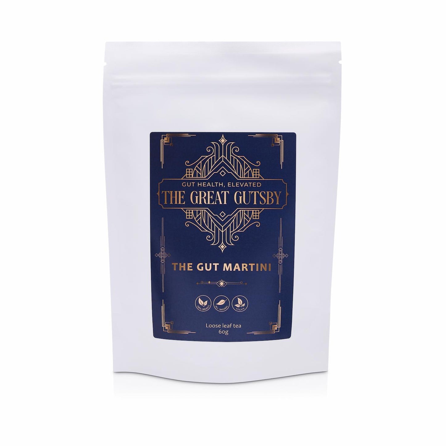 The Gut Martini gut health tea blend for digestion and bloating support, featuring herbal botanicals in luxury Art Deco navy and gold packaging.
