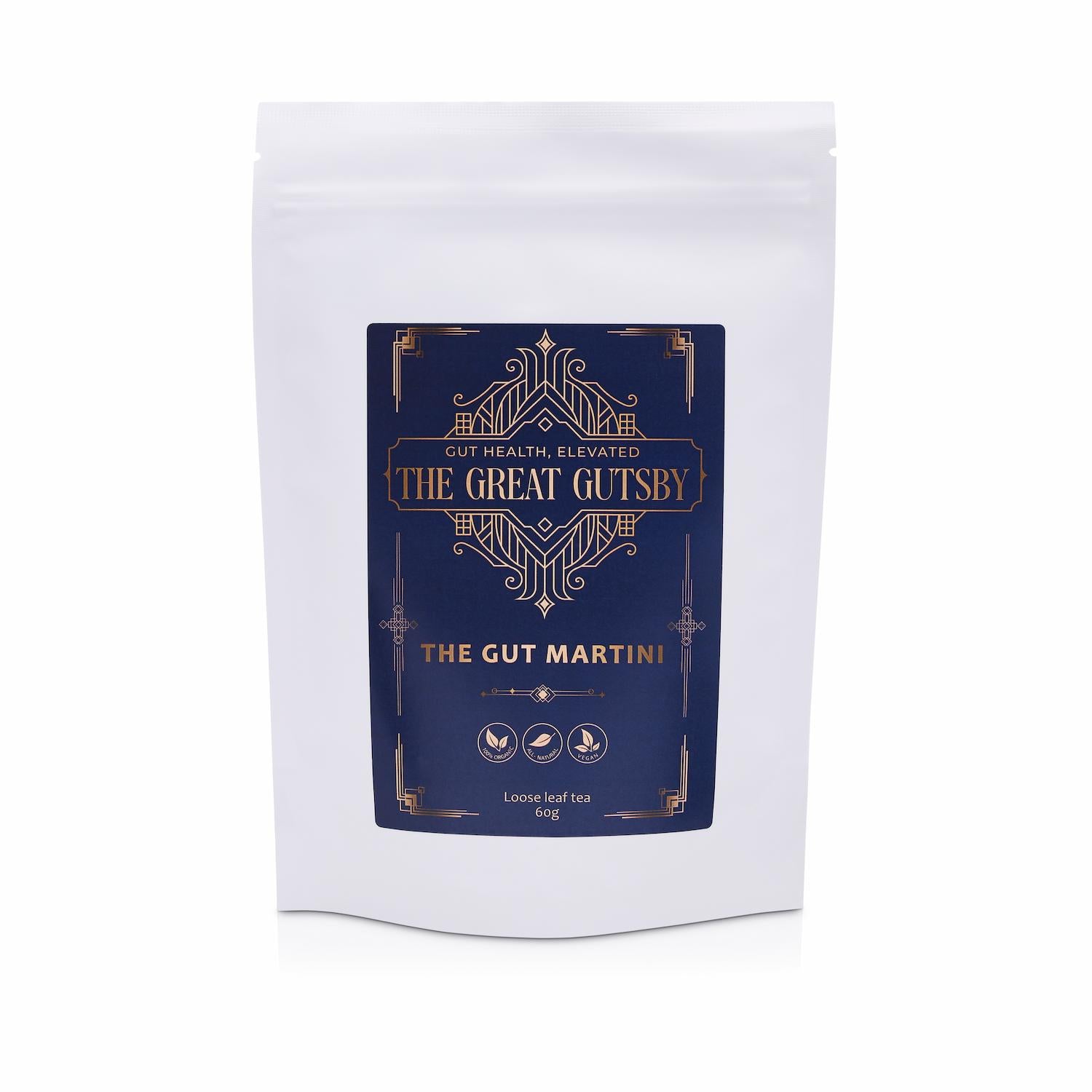 The Gut Martini gut health tea blend for digestion and bloating support, featuring herbal botanicals in luxury Art Deco navy and gold packaging.