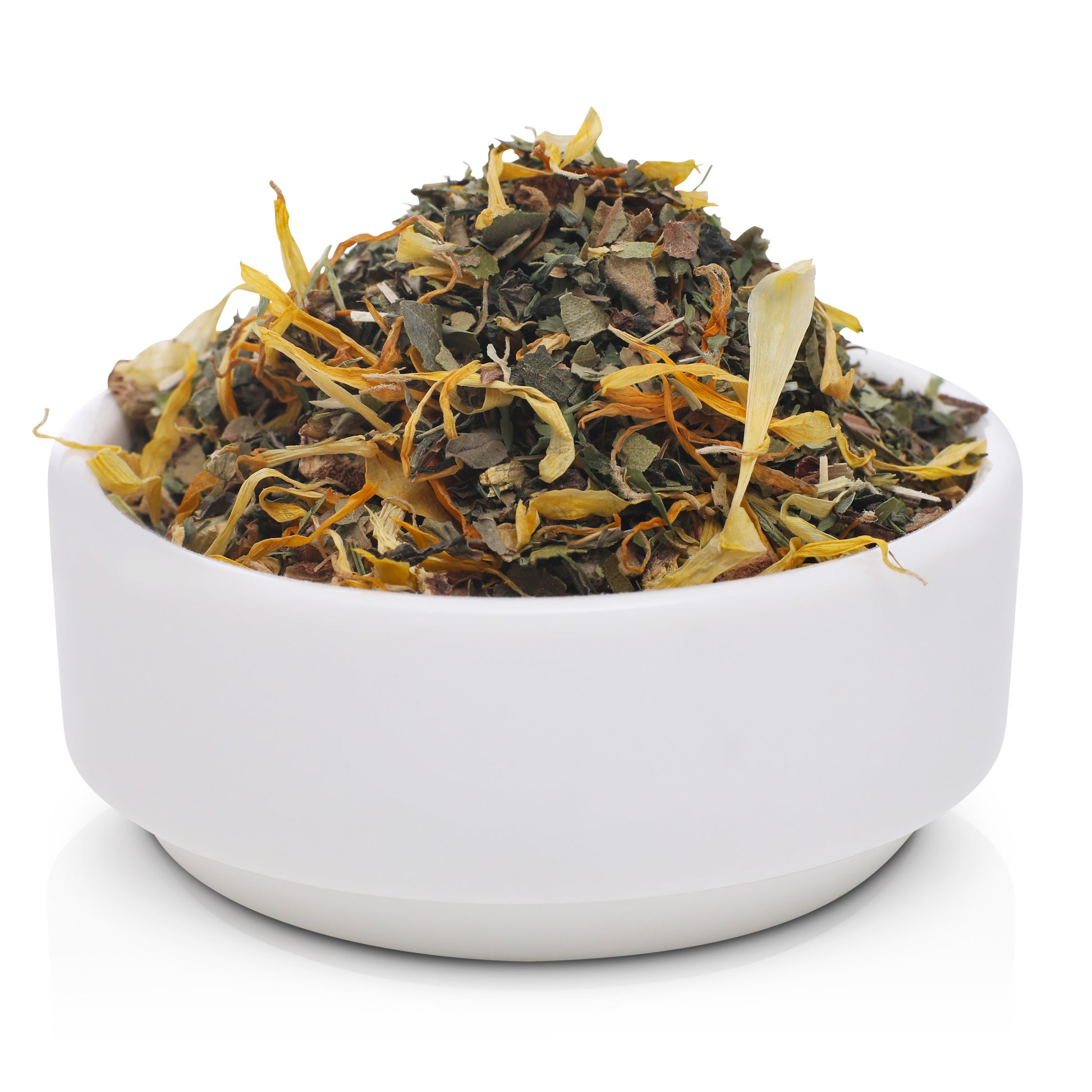 Glow & Tell detox and skin radiance tea blend with herbal ingredients for gut health support, presented in premium A clean white bowl.