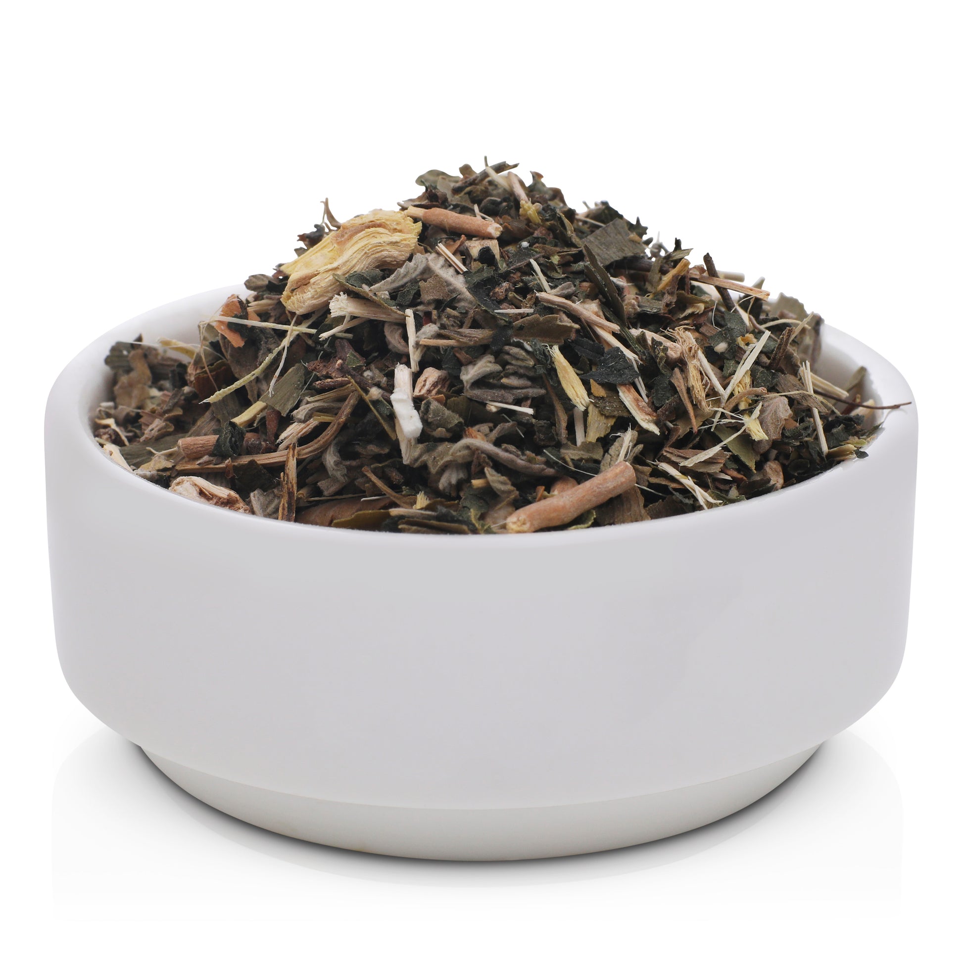 Gentleman’s Hour vitality and circulation support tea blend with energising botanicals, packaged in refined A clean white bowl.