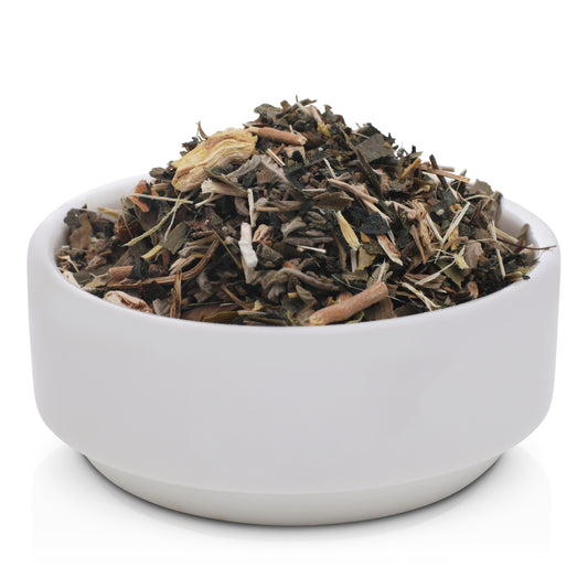 Gentleman’s Hour vitality and circulation support tea blend with energising botanicals, packaged in refined A clean white bowl.