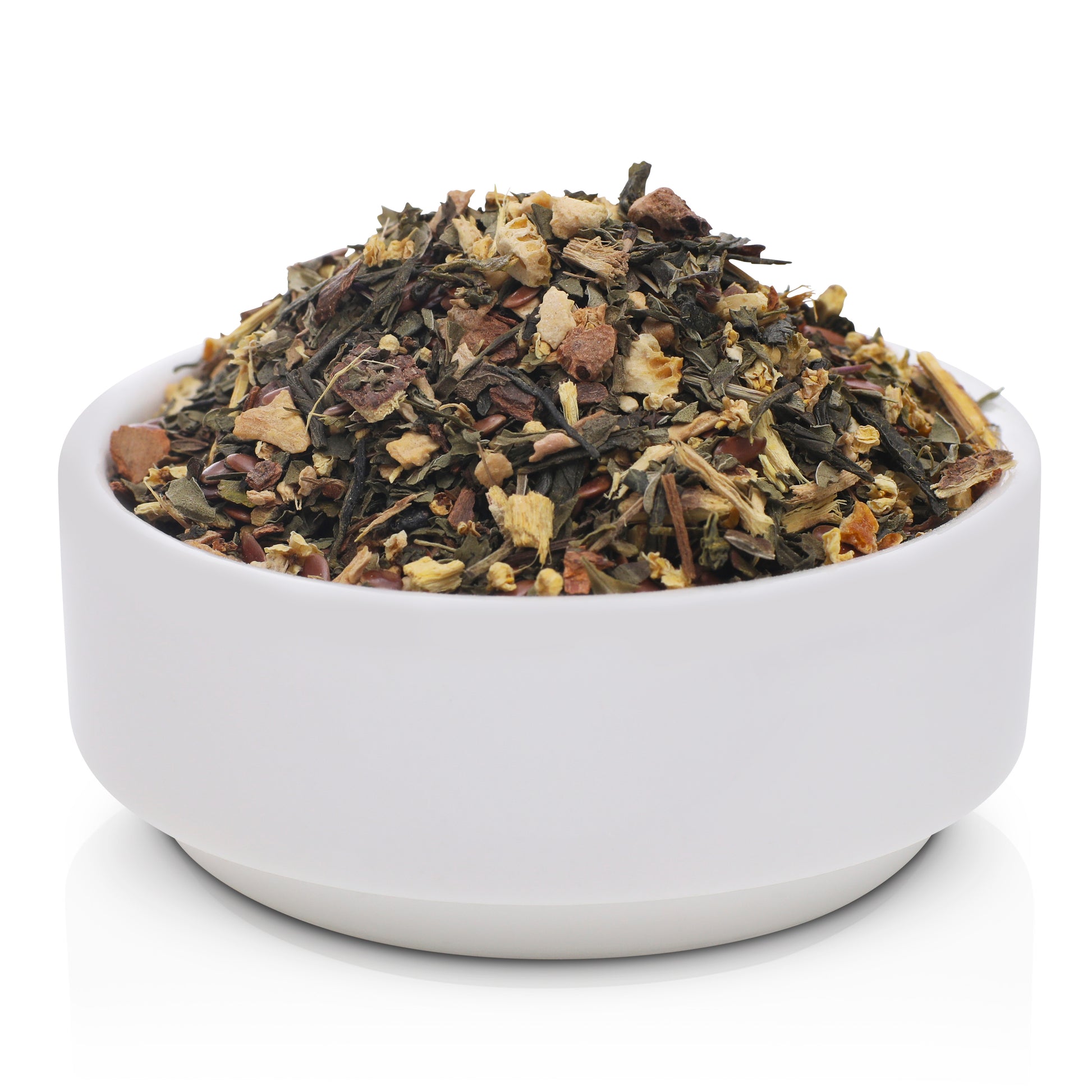The Custodian calming sencha green tea blend for digestion and inflammation support, with soothing herbal notes of mint and citrus in Art a clean white bowl.